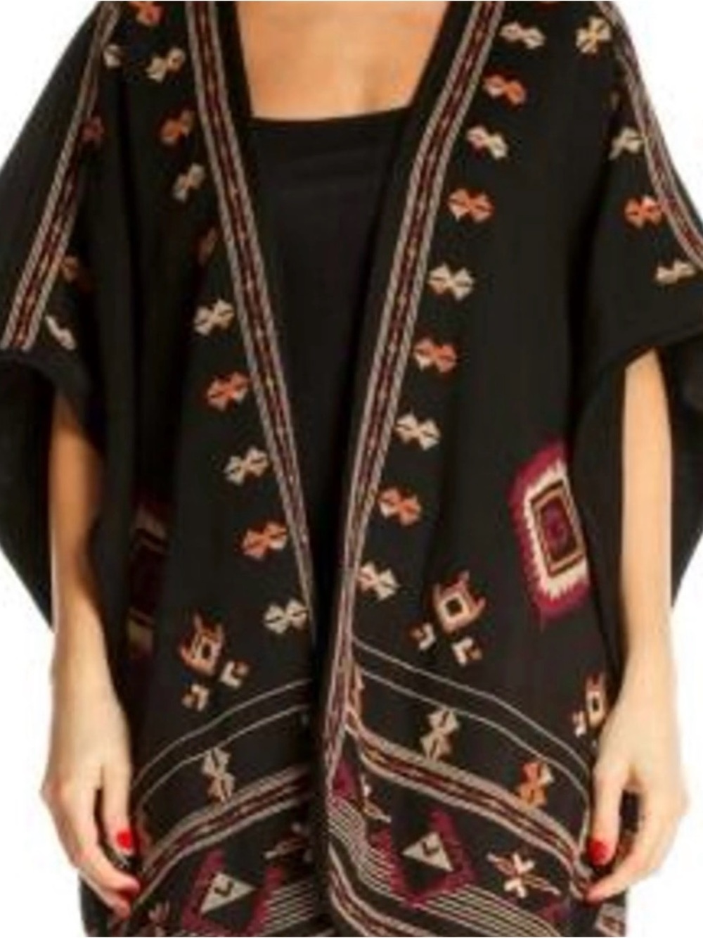 Lucky Brand Aztec Southwestern Kimono Cardigan Poncho Boho One Size Black